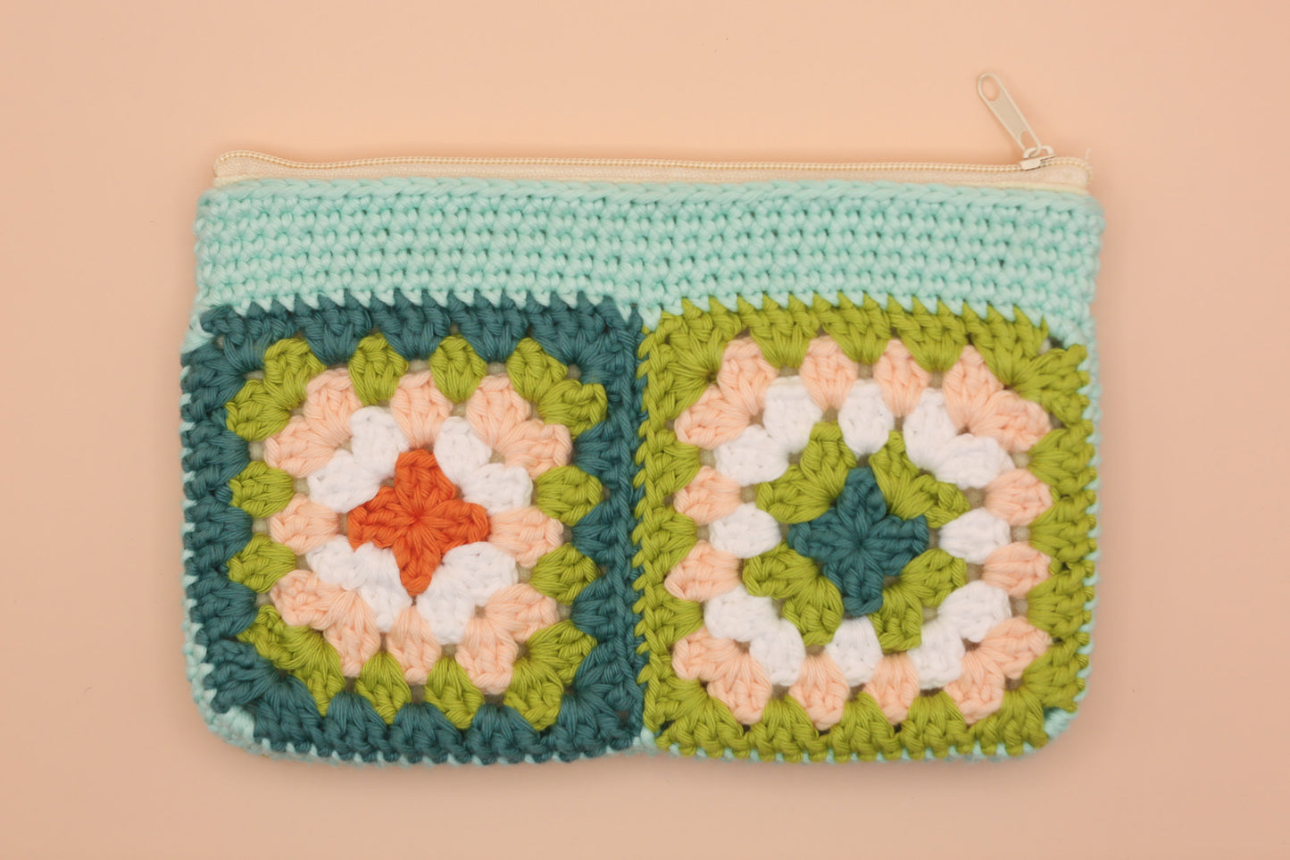 Blue and Green Granny Square Zip Pouch