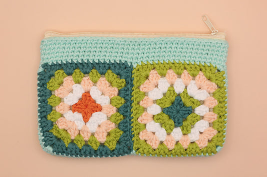 Blue and Green Granny Square Zip Pouch